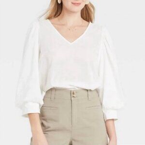A New Day Cream V-Neck Blouse | Balloon Sleeve | Size Medium